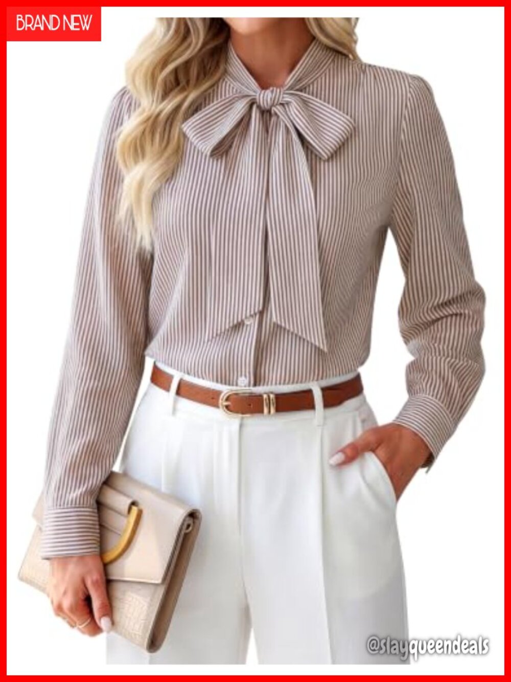 Womens Striped Button Down Blouse Tie Neck Long Sleeve Business Casual Top